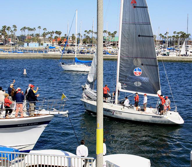 Dennis Durgan’s winning finish at the Long Beach YC  © Rich Roberts